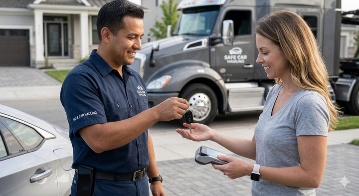 Licensed Safe Car Hauling driver performing final condition report and handing keys to customer in driveway - Step 3.