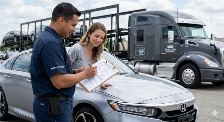 Safe Car Hauling licensed carrier performing condition report with owner during Step 2 of transport.